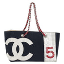 CHANEL Chain Tote Bag No5 Canvas Navy Silver CC Auth 134860V-1