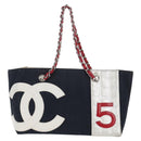 CHANEL Chain Tote Bag No5 Canvas Navy Silver CC Auth 134860V-13
