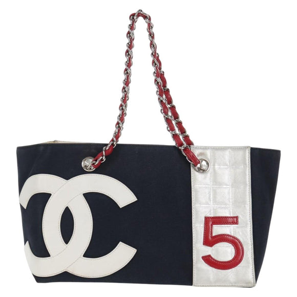 CHANEL Chain Tote Bag No5 Canvas Navy Silver CC Auth 134860V