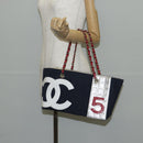 CHANEL Chain Tote Bag No5 Canvas Navy Silver CC Auth 134860V-23