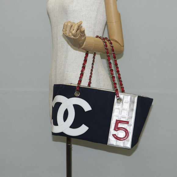 CHANEL Chain Tote Bag No5 Canvas Navy Silver CC Auth 134860V