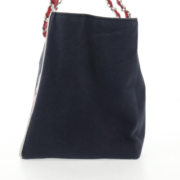 CHANEL Chain Tote Bag No5 Canvas Navy Silver CC Auth 134860V