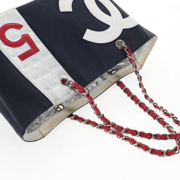 CHANEL Chain Tote Bag No5 Canvas Navy Silver CC Auth 134860V