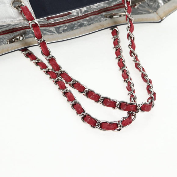 CHANEL Chain Tote Bag No5 Canvas Navy Silver CC Auth 134860V