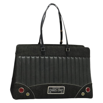 Christian Dior Montaigne Tote Bag Leather Canvas Black Silver Auth 134865