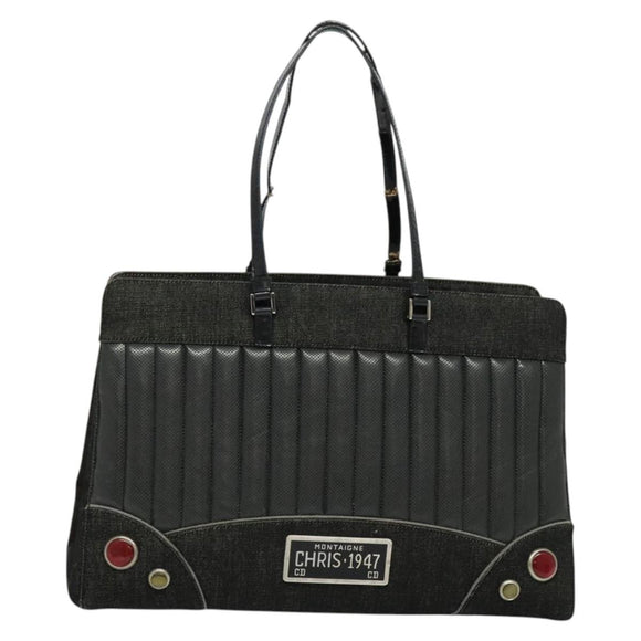 Christian Dior Montaigne Tote Bag Leather Canvas Black Silver Auth 134865