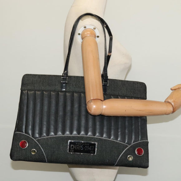 Christian Dior Montaigne Tote Bag Leather Canvas Black Silver Auth 134865