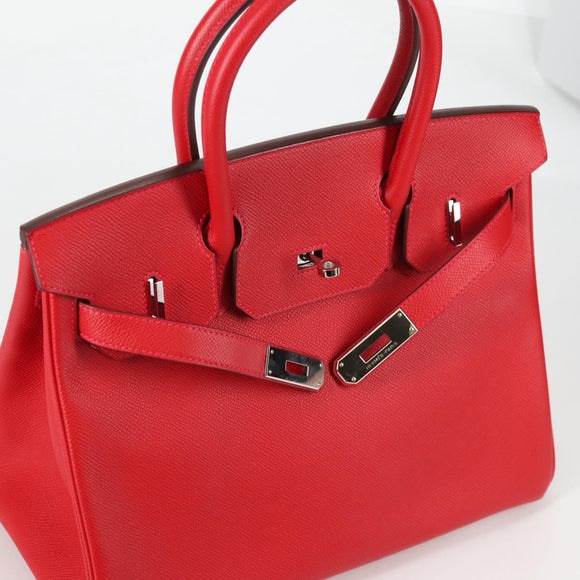 HERMES Birkin 30 Hand Bag Leather Red Silver Auth 134875SM