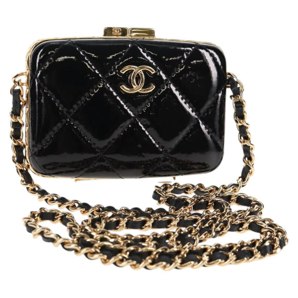 CHANEL Chain Shoulder Bag Patent leather Black Gold CC Auth 134911SAM