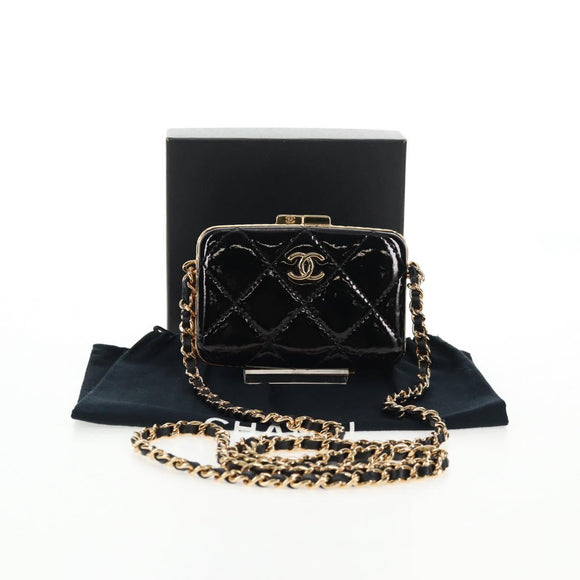 CHANEL Chain Shoulder Bag Patent leather Black Gold CC Auth 134911SAM