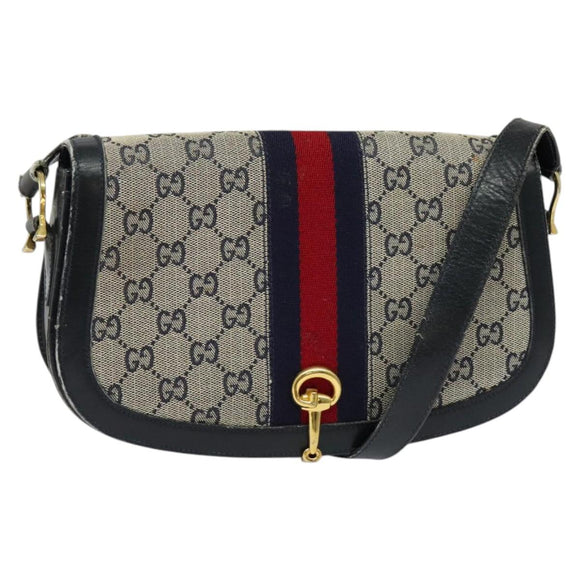 GUCCI GG Canvas Sherry Line Shoulder Bag Navy Gold Red Auth 135003