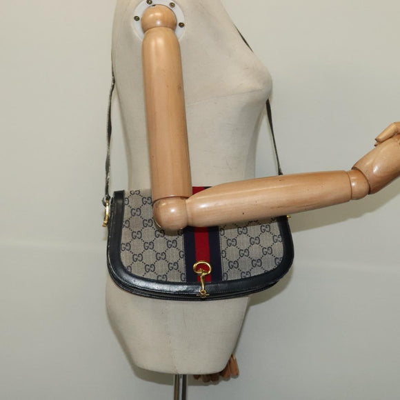 GUCCI GG Canvas Sherry Line Shoulder Bag Navy Gold Red Auth 135003