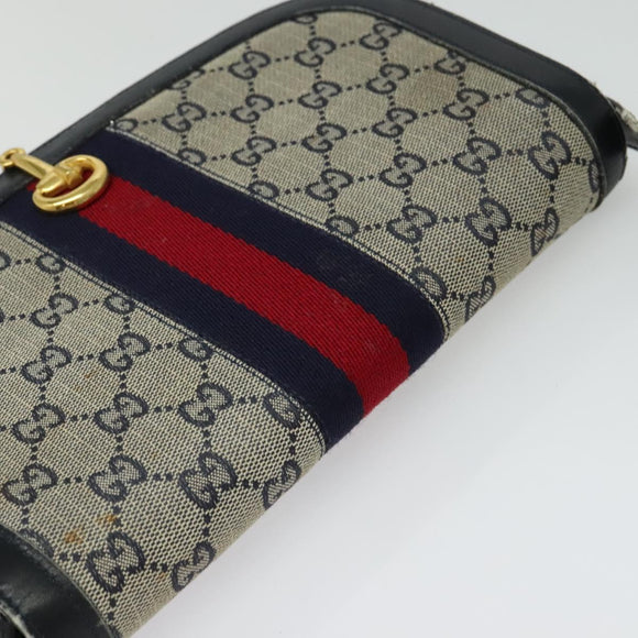 GUCCI GG Canvas Sherry Line Shoulder Bag Navy Gold Red Auth 135003