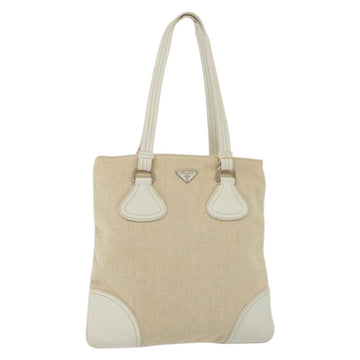 PRADA Tote Bag Canvas Beige Silver Auth 135047
