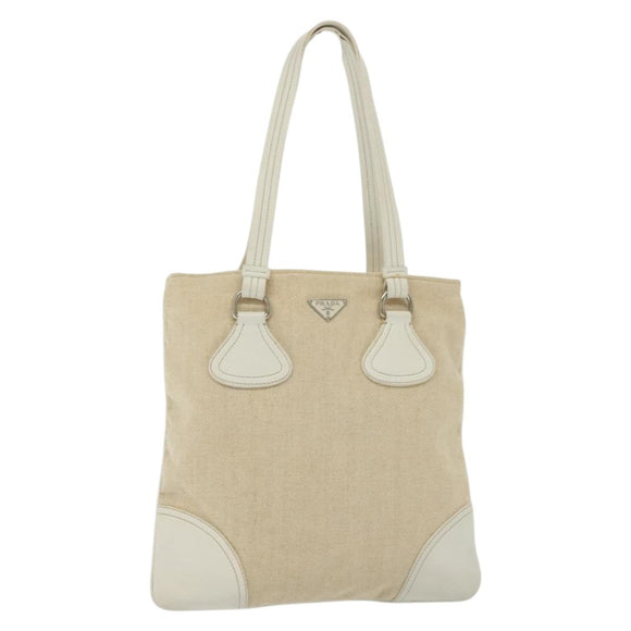 PRADA Tote Bag Canvas Beige Silver Auth 135047