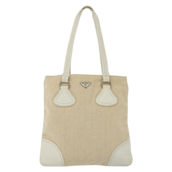 PRADA Tote Bag Canvas Beige Silver Auth 135047