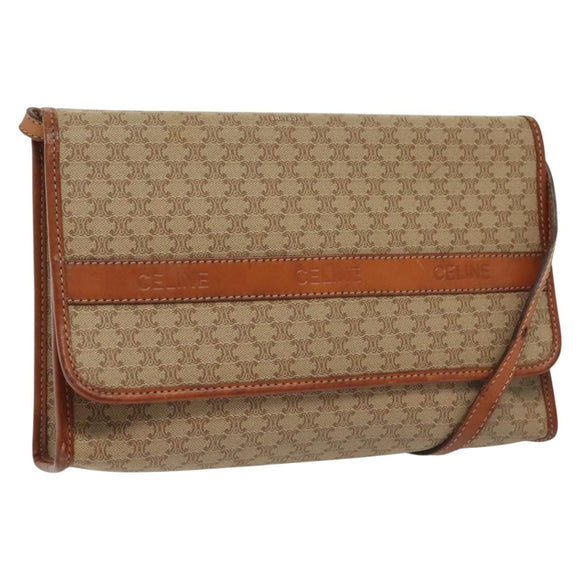 CELINE Macadam Canvas Shoulder Bag PVC Beige Gold Auth 135080