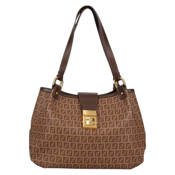 FENDI Zucchino Canvas Mamma Baguette Shoulder Bag PVC Beige Gold Auth 135115A