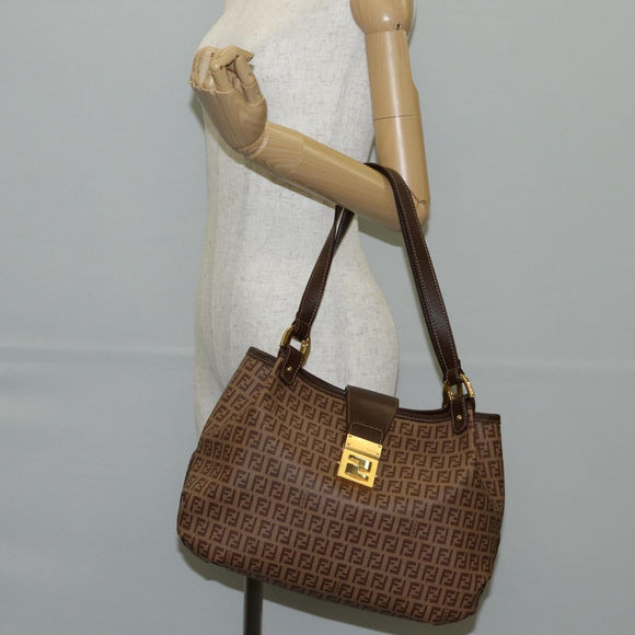 FENDI Zucchino Canvas Mamma Baguette Shoulder Bag PVC Beige Gold Auth 135115A