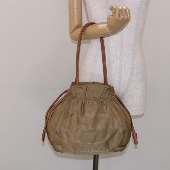 PRADA Hand Bag Nylon Beige Gold Auth 135148
