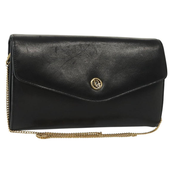 Christian Dior Chain Shoulder Bag Leather Black Gold Auth 135164