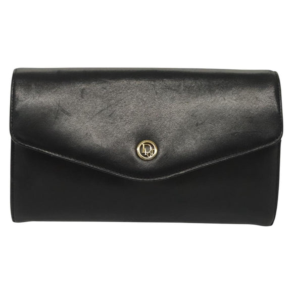 Christian Dior Chain Shoulder Bag Leather Black Gold Auth 135164