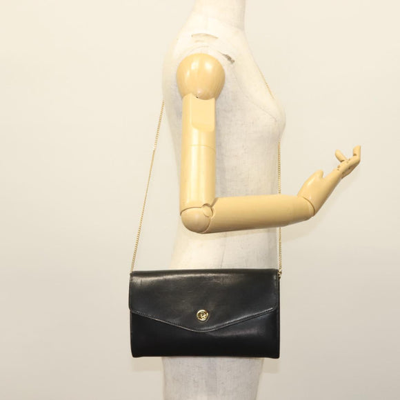 Christian Dior Chain Shoulder Bag Leather Black Gold Auth 135164