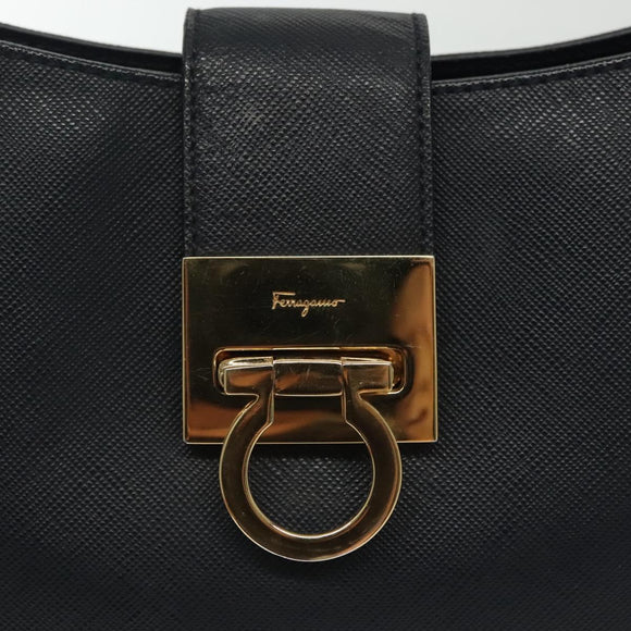 Salvatore Ferragamo Gancini Hand Bag Leather Navy Gold Auth 135232