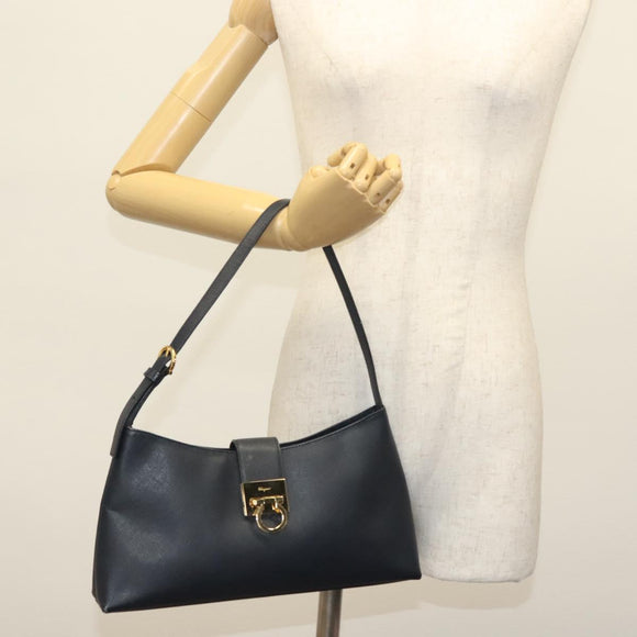 Salvatore Ferragamo Gancini Hand Bag Leather Navy Gold Auth 135232