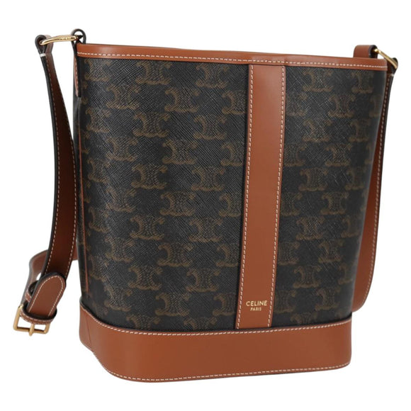 CELINE Triomphe Small Bucket Shoulder Bag PVC Leather Black Gold Auth 135273M