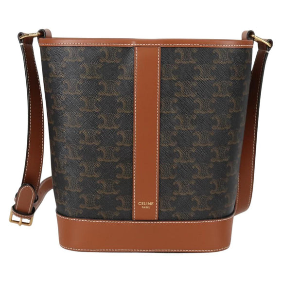 CELINE Triomphe Small Bucket Shoulder Bag PVC Leather Black Gold Auth 135273M