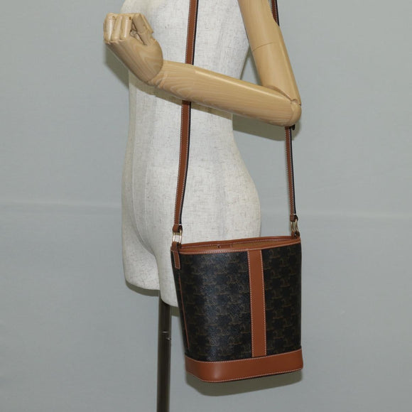 CELINE Triomphe Small Bucket Shoulder Bag PVC Leather Black Gold Auth 135273M