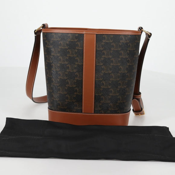 CELINE Triomphe Small Bucket Shoulder Bag PVC Leather Black Gold Auth 135273M