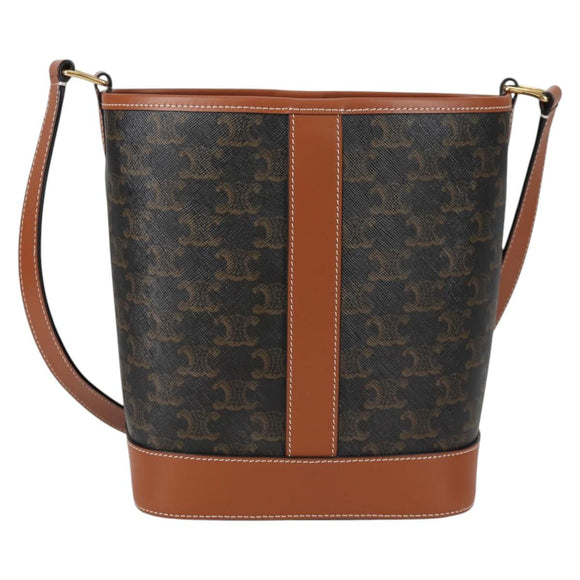 CELINE Triomphe Small Bucket Shoulder Bag PVC Leather Black Gold Auth 135273M