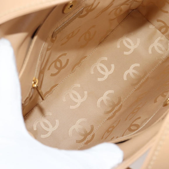 CHANEL Hand Bag Lamb Skin Beige Gold CC Auth 135275V