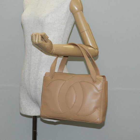 CHANEL Hand Bag Lamb Skin Beige Gold CC Auth 135275V