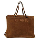 CHANEL Chain Hand Bag Suede Brown Gold CC Auth 135277V-1