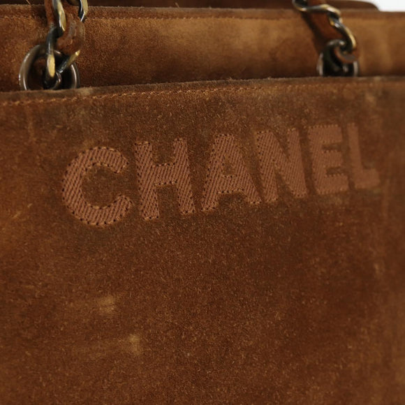 CHANEL Chain Hand Bag Suede Brown Gold CC Auth 135277V