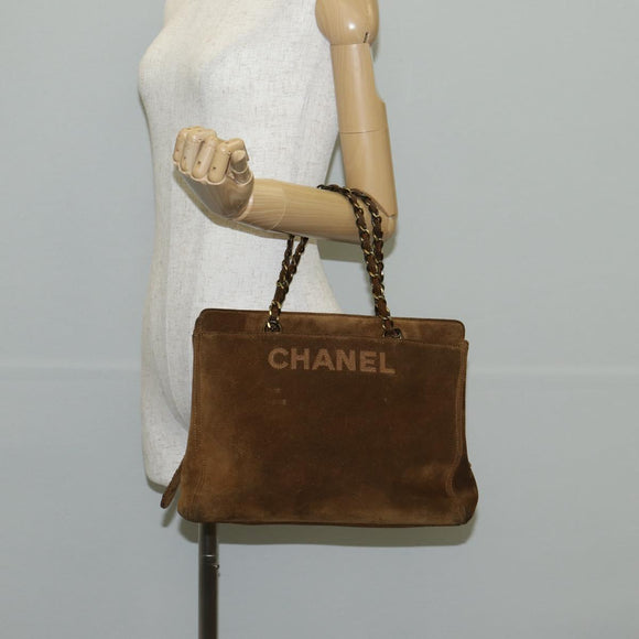 CHANEL Chain Hand Bag Suede Brown Gold CC Auth 135277V