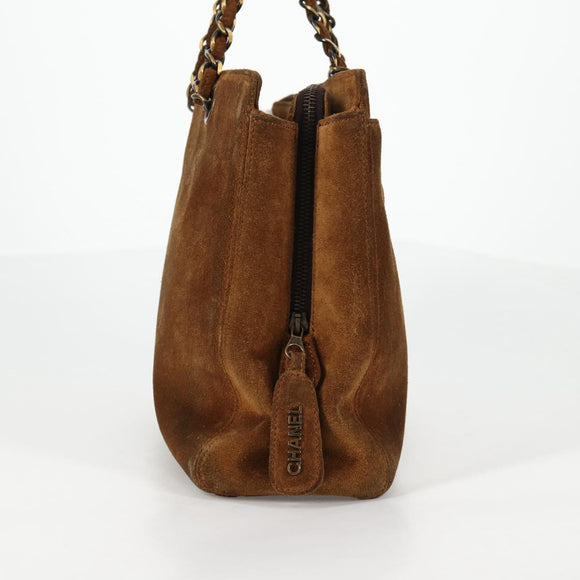 CHANEL Chain Hand Bag Suede Brown Gold CC Auth 135277V