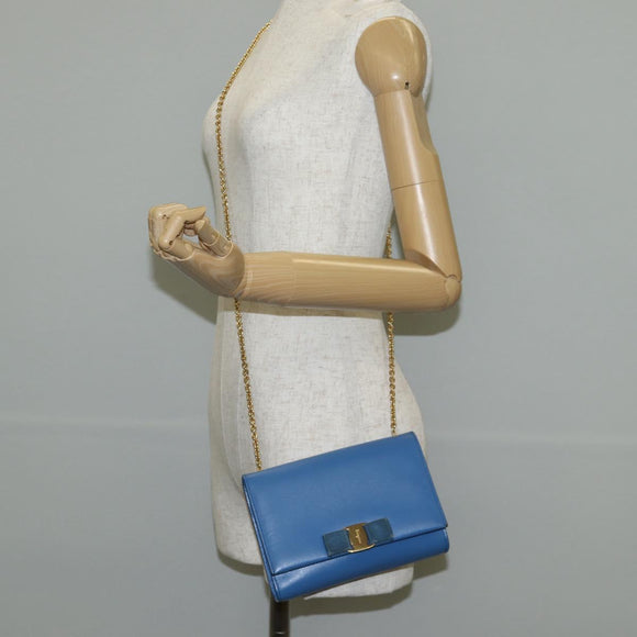 Salvatore Ferragamo Chain Shoulder Bag Leather Gold Light Blue Auth 135286