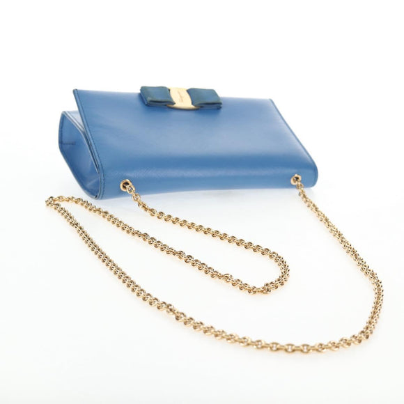 Salvatore Ferragamo Chain Shoulder Bag Leather Gold Light Blue Auth 135286