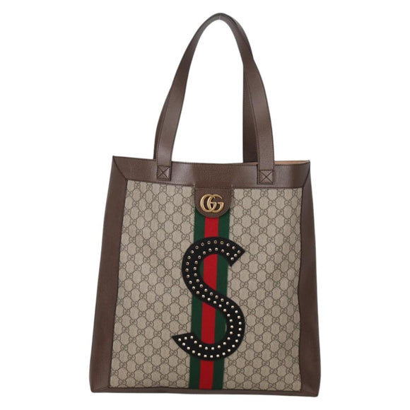 GUCCI GG Supreme Web Sherry Line Tote Bag PVC Beige Gold Red Auth 135289M