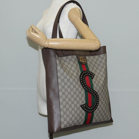 GUCCI GG Supreme Web Sherry Line Tote Bag PVC Beige Gold Red Auth 135289M