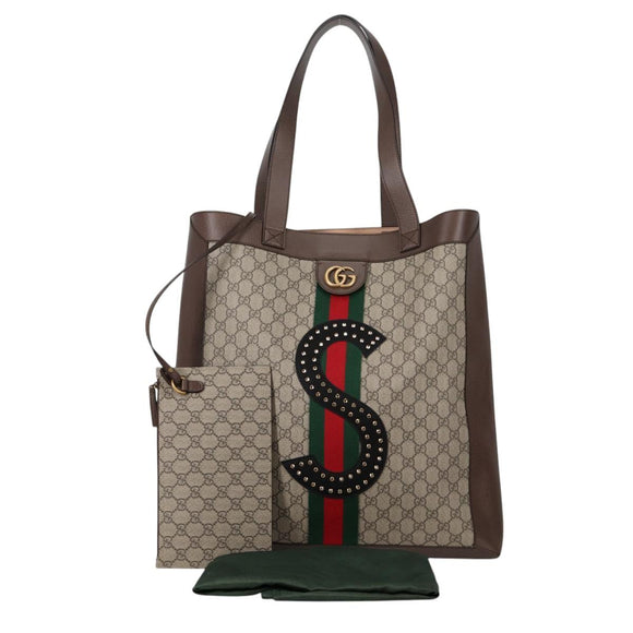 GUCCI GG Supreme Web Sherry Line Tote Bag PVC Beige Gold Red Auth 135289M