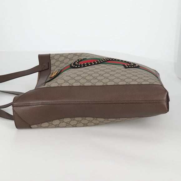 GUCCI GG Supreme Web Sherry Line Tote Bag PVC Beige Gold Red Auth 135289M