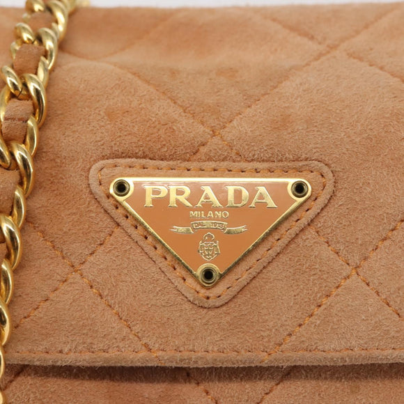 PRADA Chain Shoulder Bag Suede Beige Gold Auth 135314