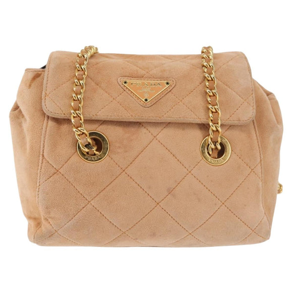PRADA Chain Shoulder Bag Suede Beige Gold Auth 135314
