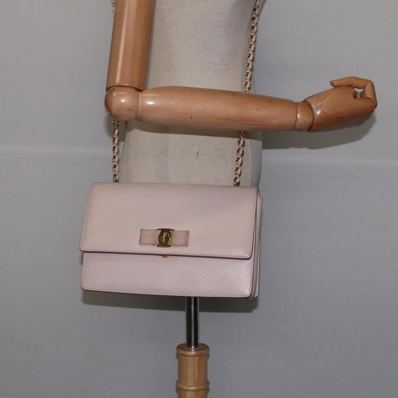 Salvatore Ferragamo Chain Shoulder Bag Leather Pink Gold Auth 135336