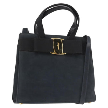 Salvatore Ferragamo Hand Bag Suede 2way Black Gold Auth 135339